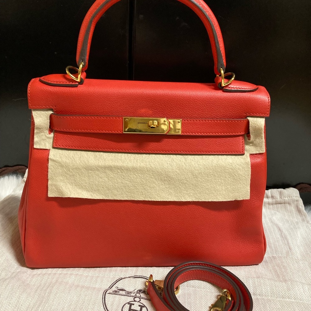 Hermes kelly 28 Evercolor Red Satchel with Gold Accents